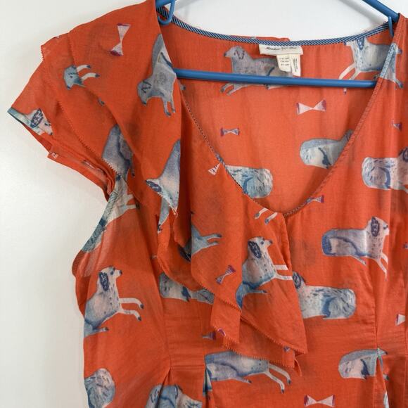 Anthropologie Meadow Rue Orange Dog Print Blouse 10P Ruffle Pleated Sheer Cotton - Picture 5 of 15